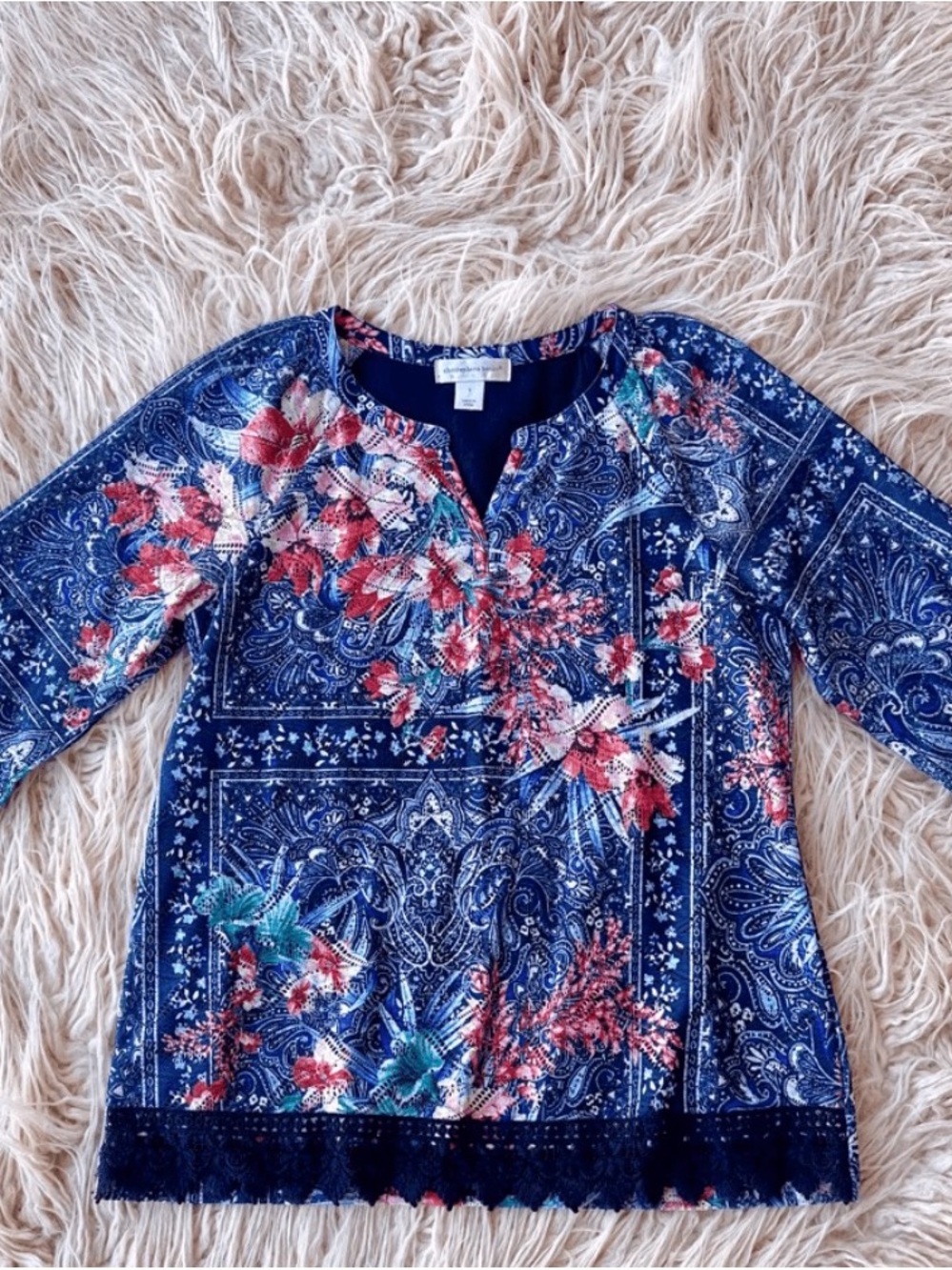 Christopher & Banks Navy Floral Paisley Scoop-Neck Top
